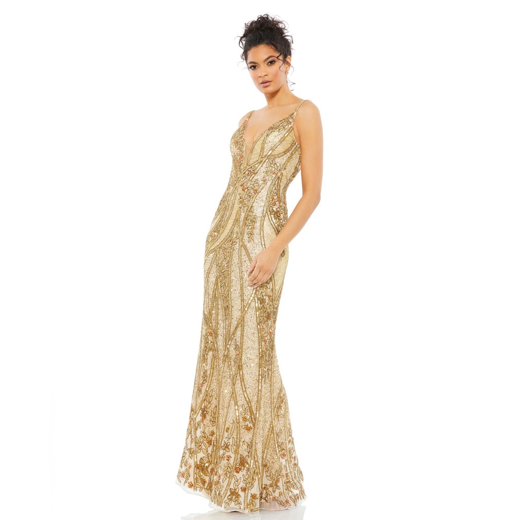 Mac Duggal Embellished Sleeveless Plunge Neck Low Back Gown
